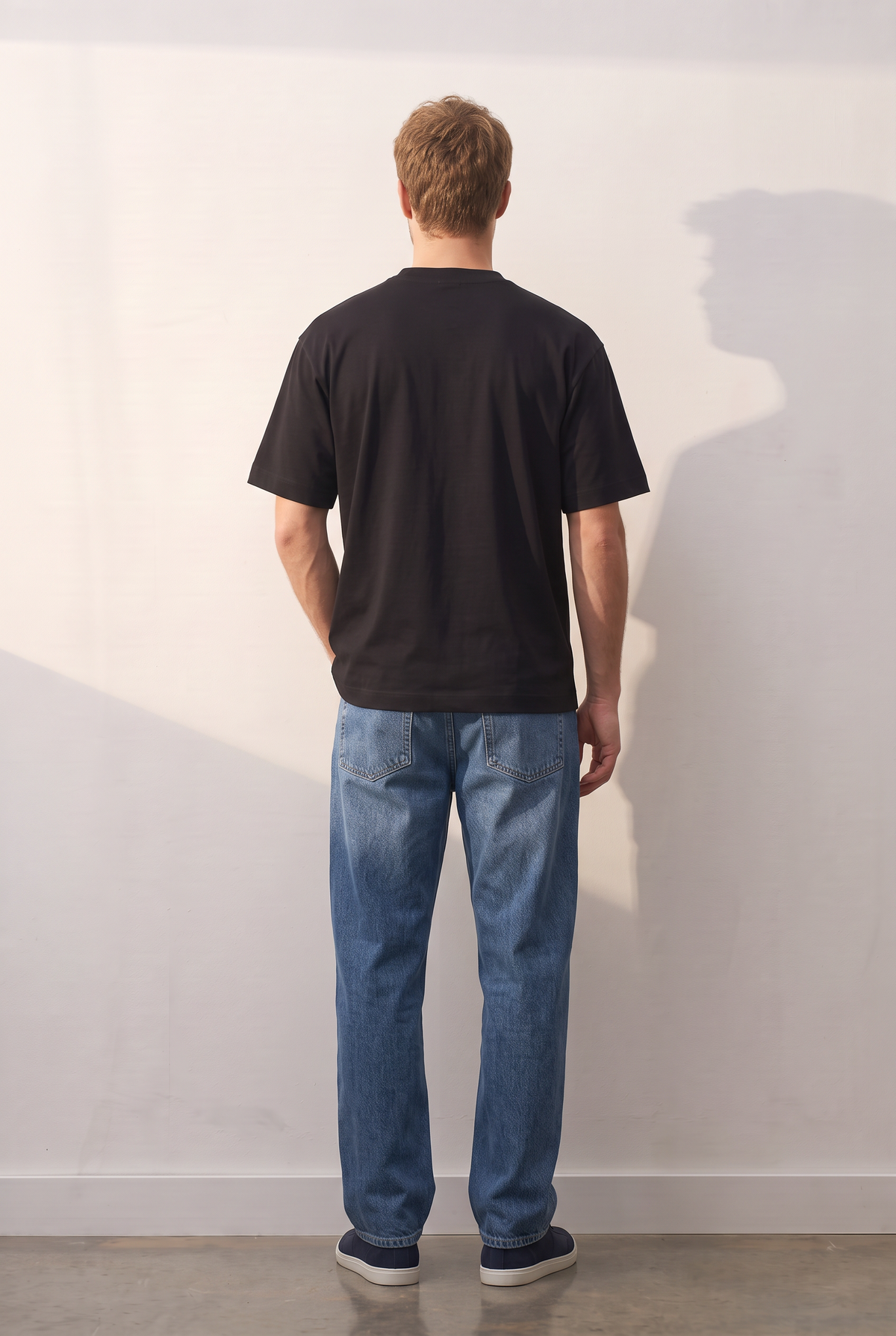 Stretch Regular siyah tişört — model üzerinde, arka