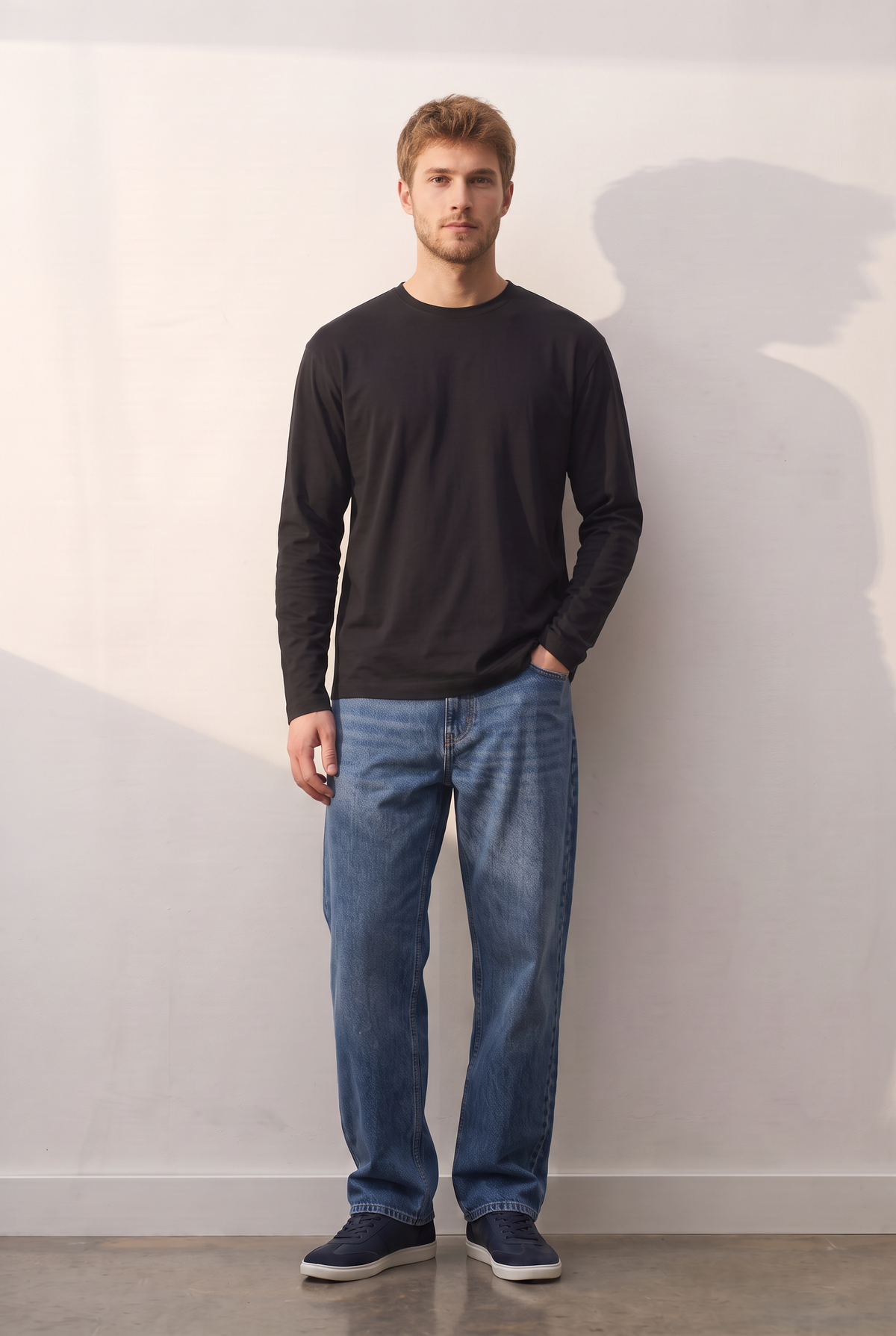 Long-Sleeve Crew siyah tişört — model üzerinde, ön