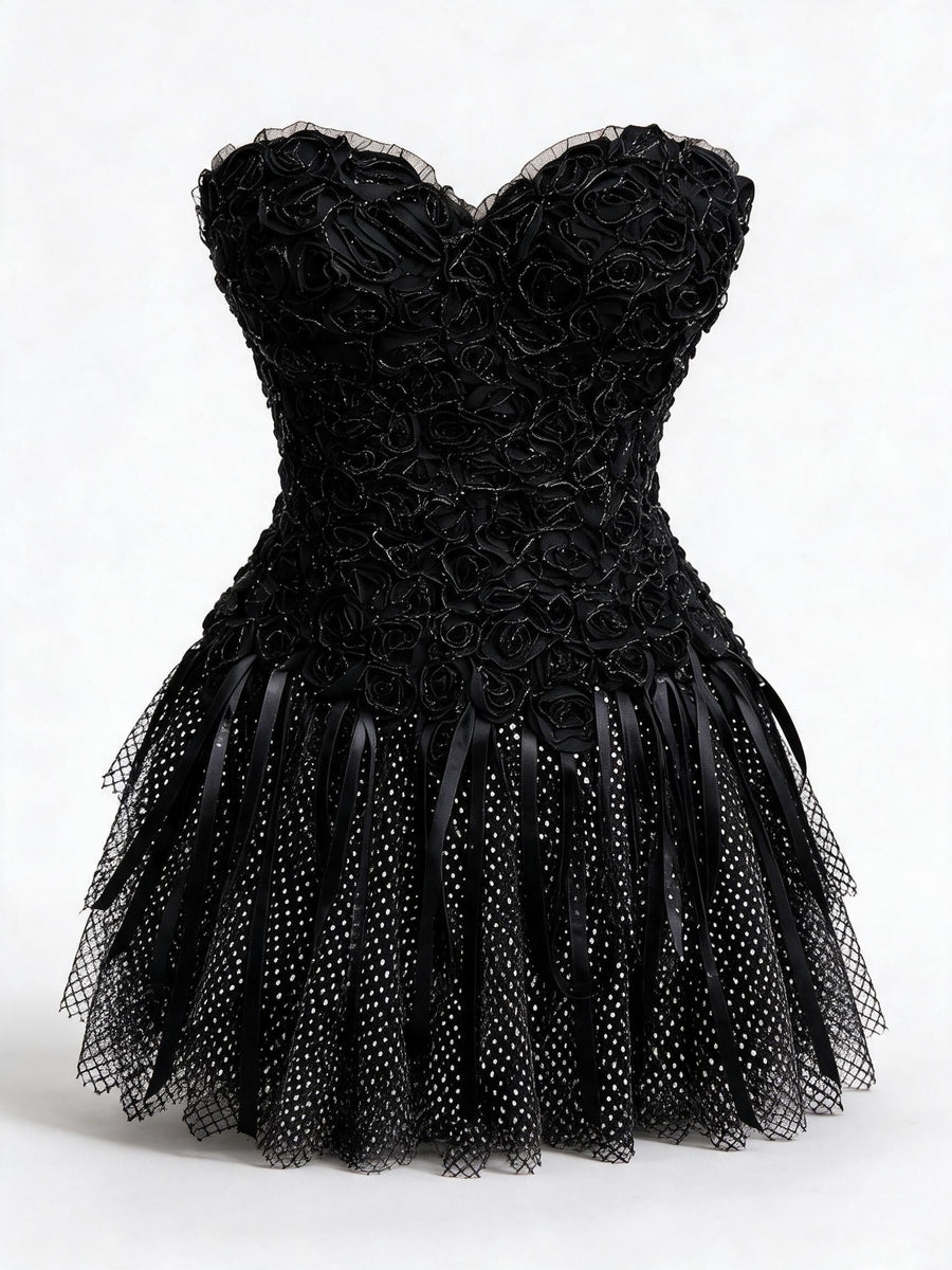 Black Lace Corset Mini Dress with Feather Skirt · 103594