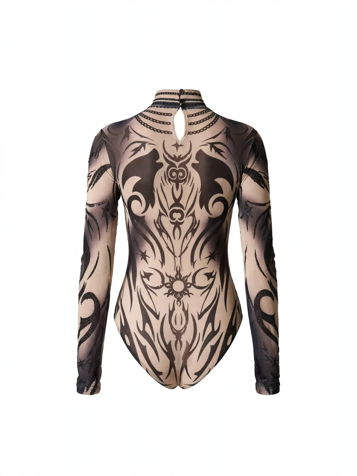 Dövme Desenli Transparan Bodysuit - Desenli - arka