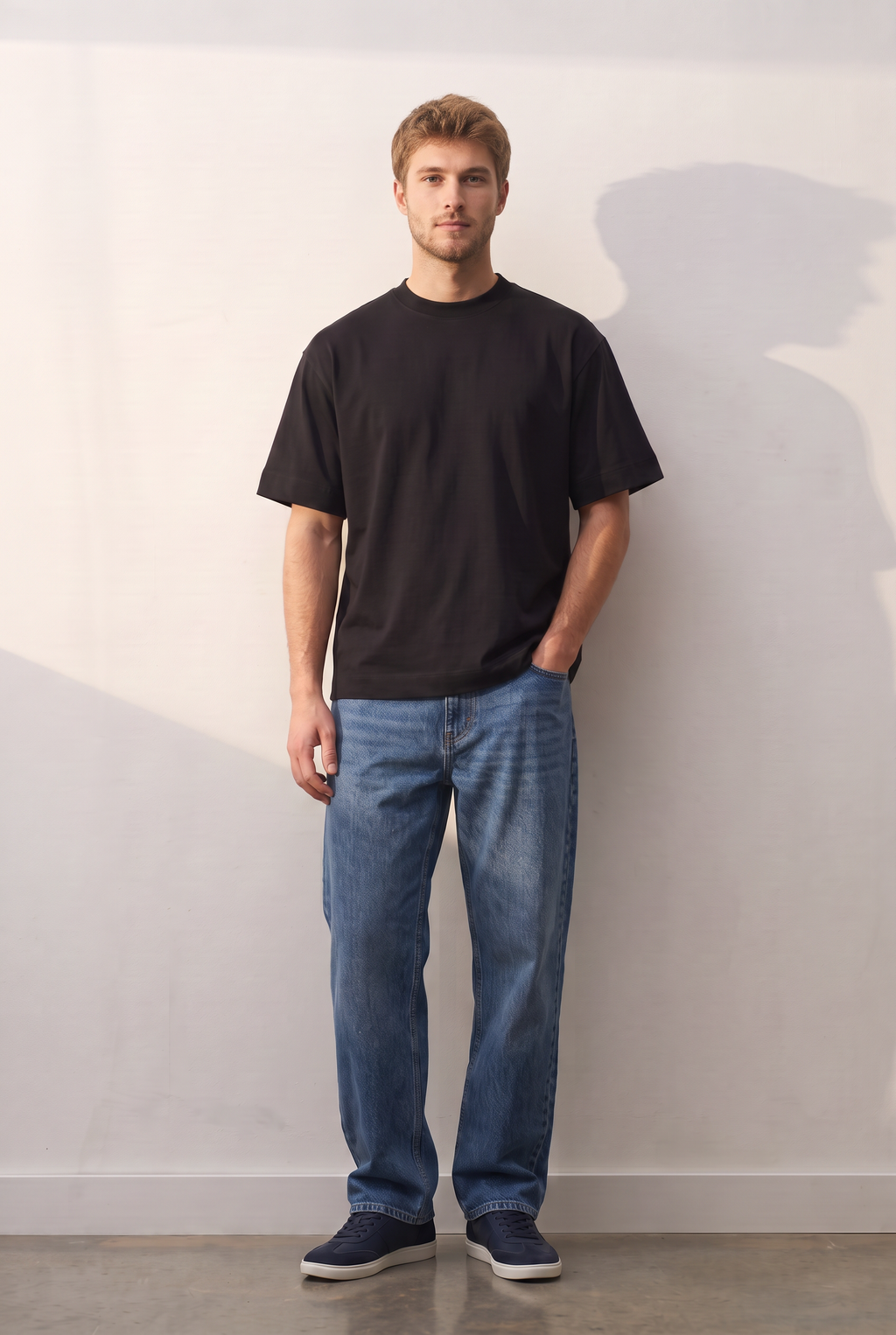 Essential Cotton siyah tişört — model üzerinde, ön