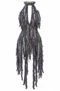 Grey Feather Fringe Halter Mini Dress - K26-OOO-001-01-01 - 1