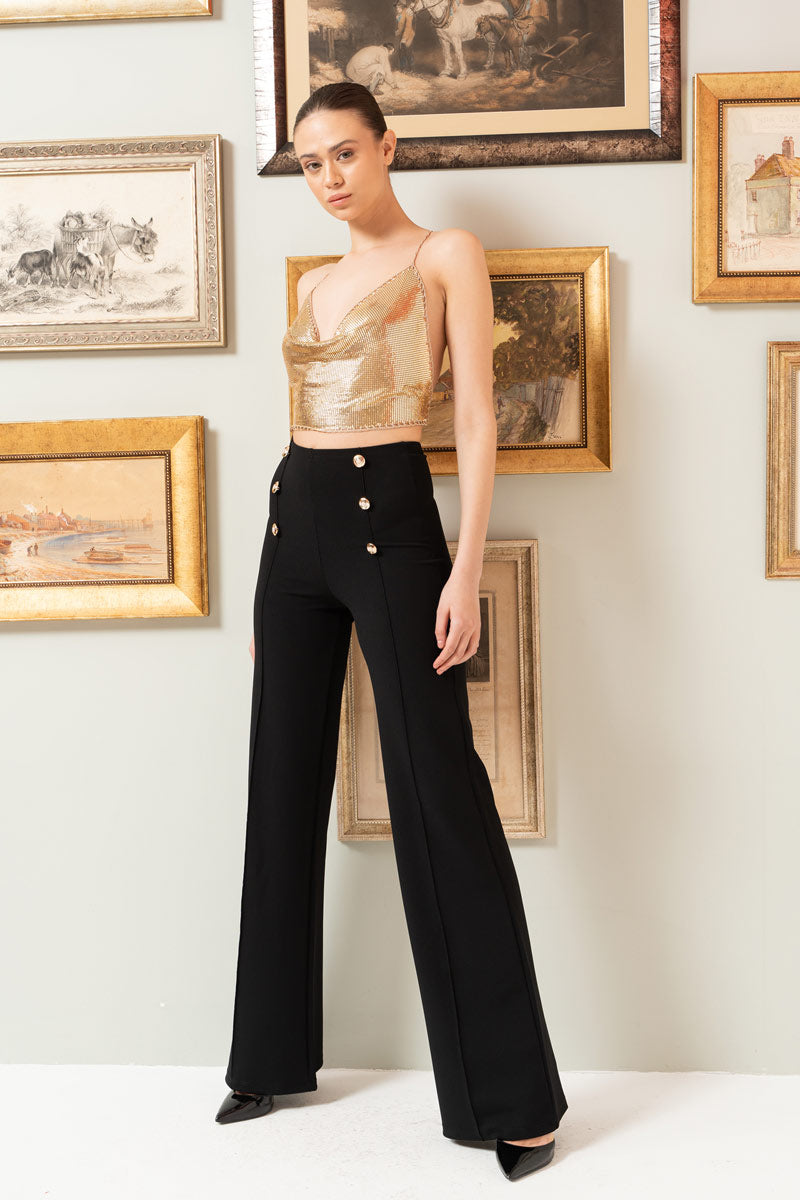 Button-Detail Wide-Leg Pants