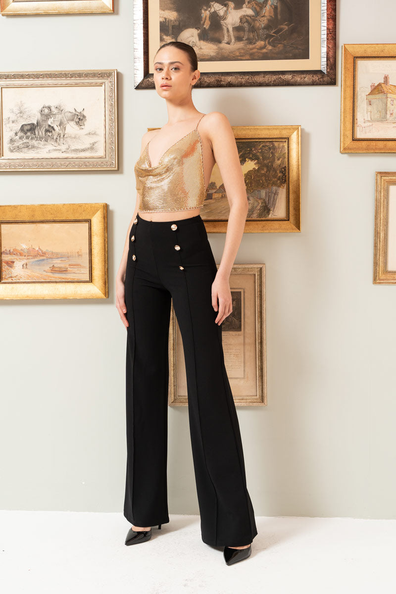 Button-Detail Wide-Leg Pants