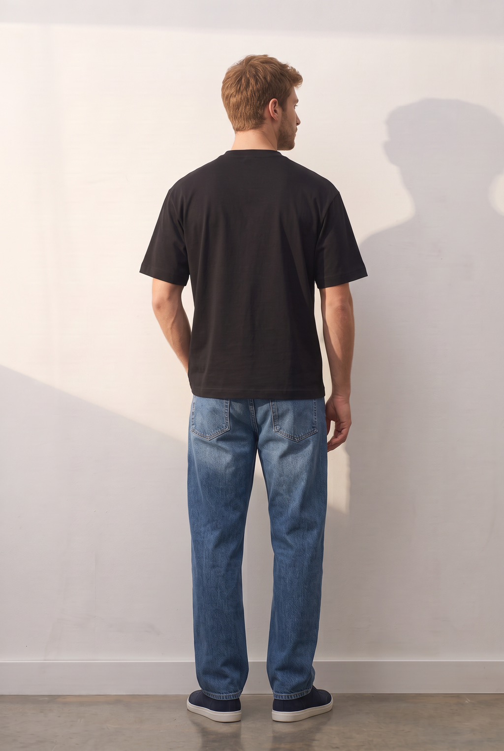 Regular Cotton Crew siyah tişört — model üzerinde, arka