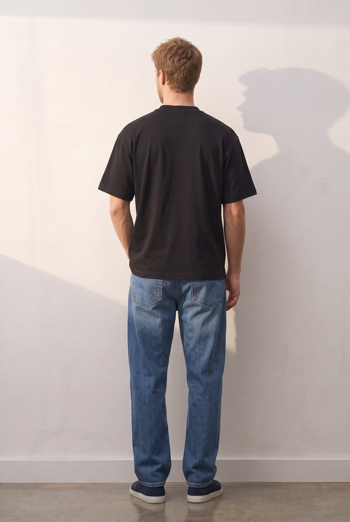 Stretch Cotton Regular siyah tişört — model üzerinde, arka