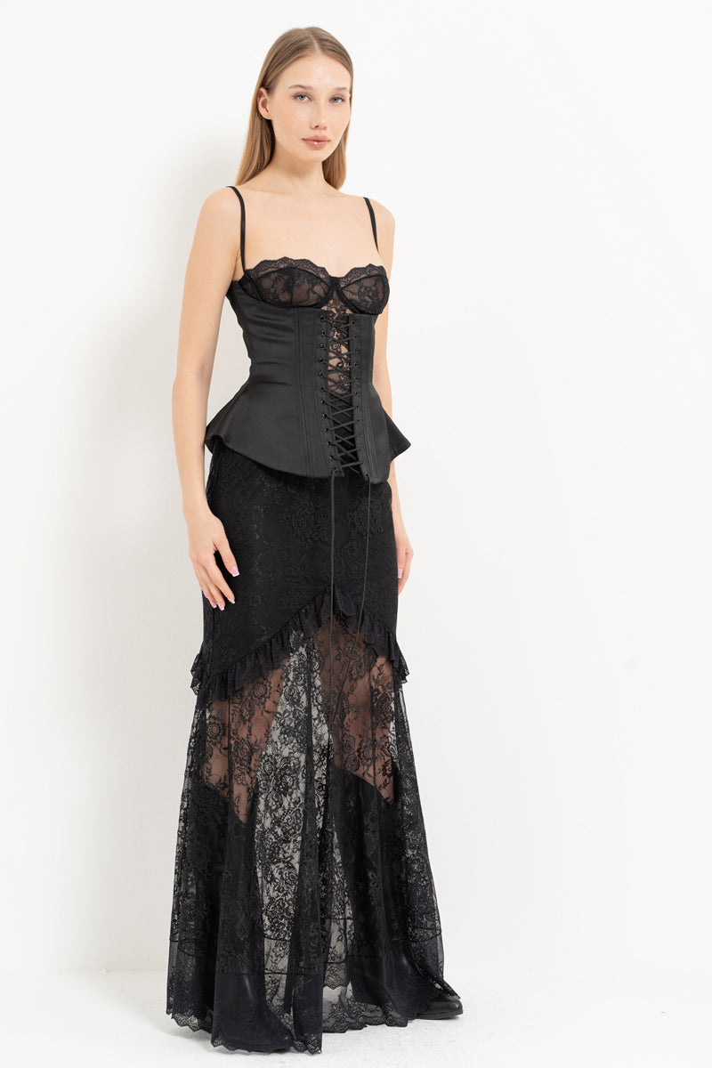 3-Piece Set with Lace Bustier & Corset Maxi Skirt