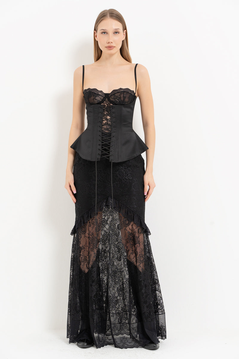 3-Piece Set with Lace Bustier & Corset Maxi Skirt
