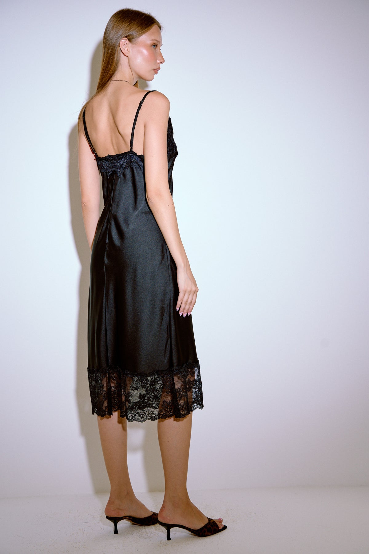 Lace-Trim Satin Midi Dress with Hidden Zip
