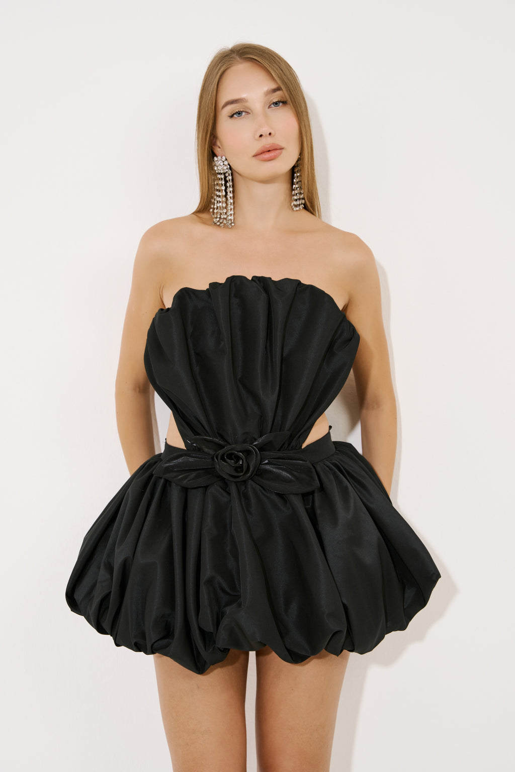 Crisscross-Back Rose-Accent Dress with Bubble Skirt