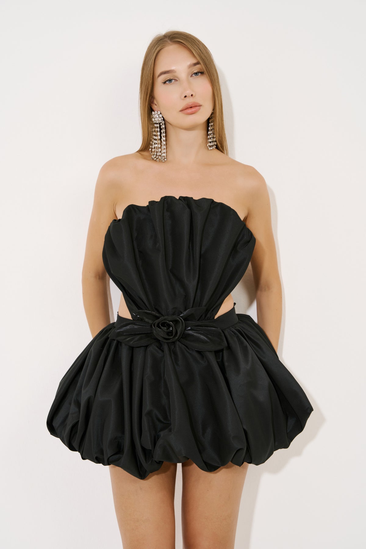 Crisscross-Back Rose-Accent Dress with Bubble Skirt