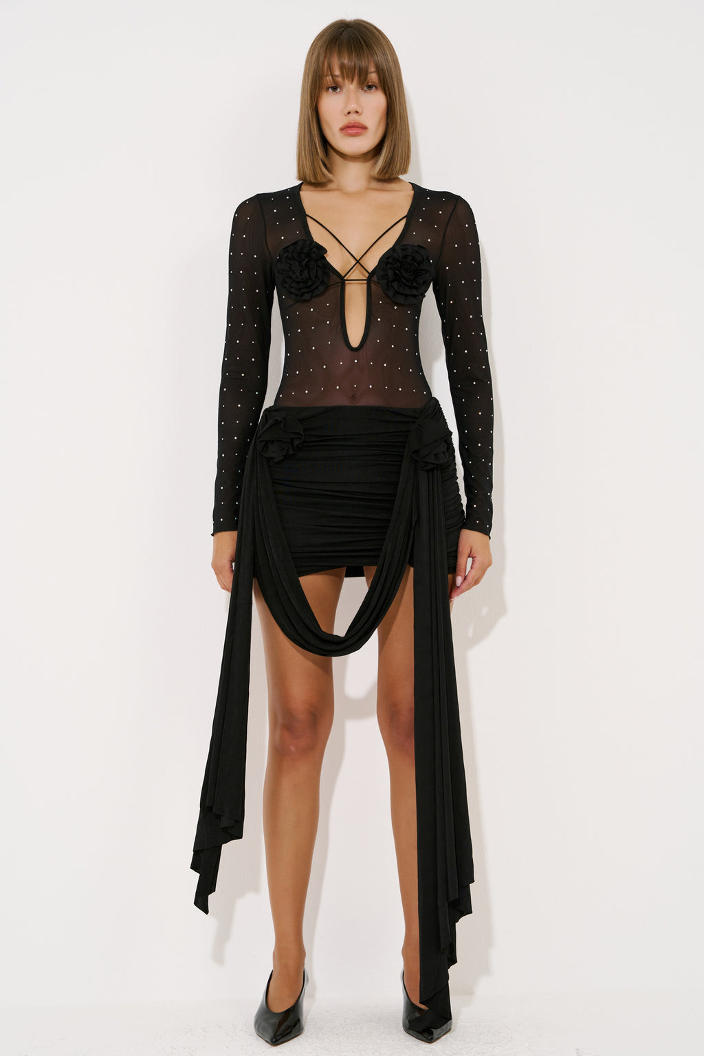Rose-Accent Embellished Mesh Bodysuit