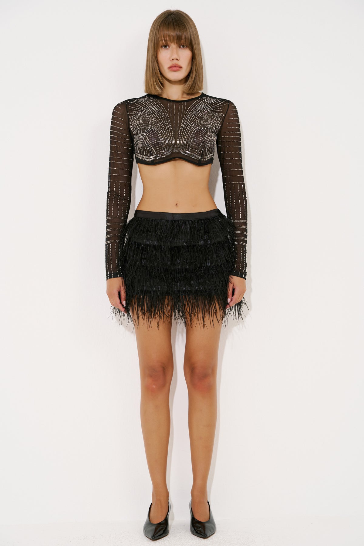 Sequin Feather-Trim Mini Skirt