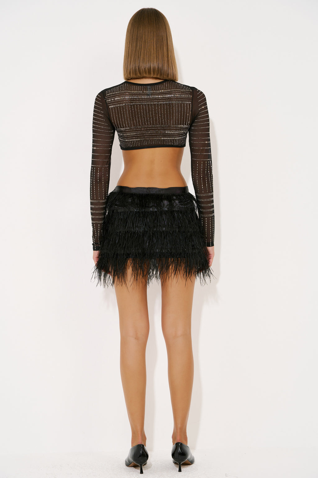 Sequin Feather-Trim Mini Skirt