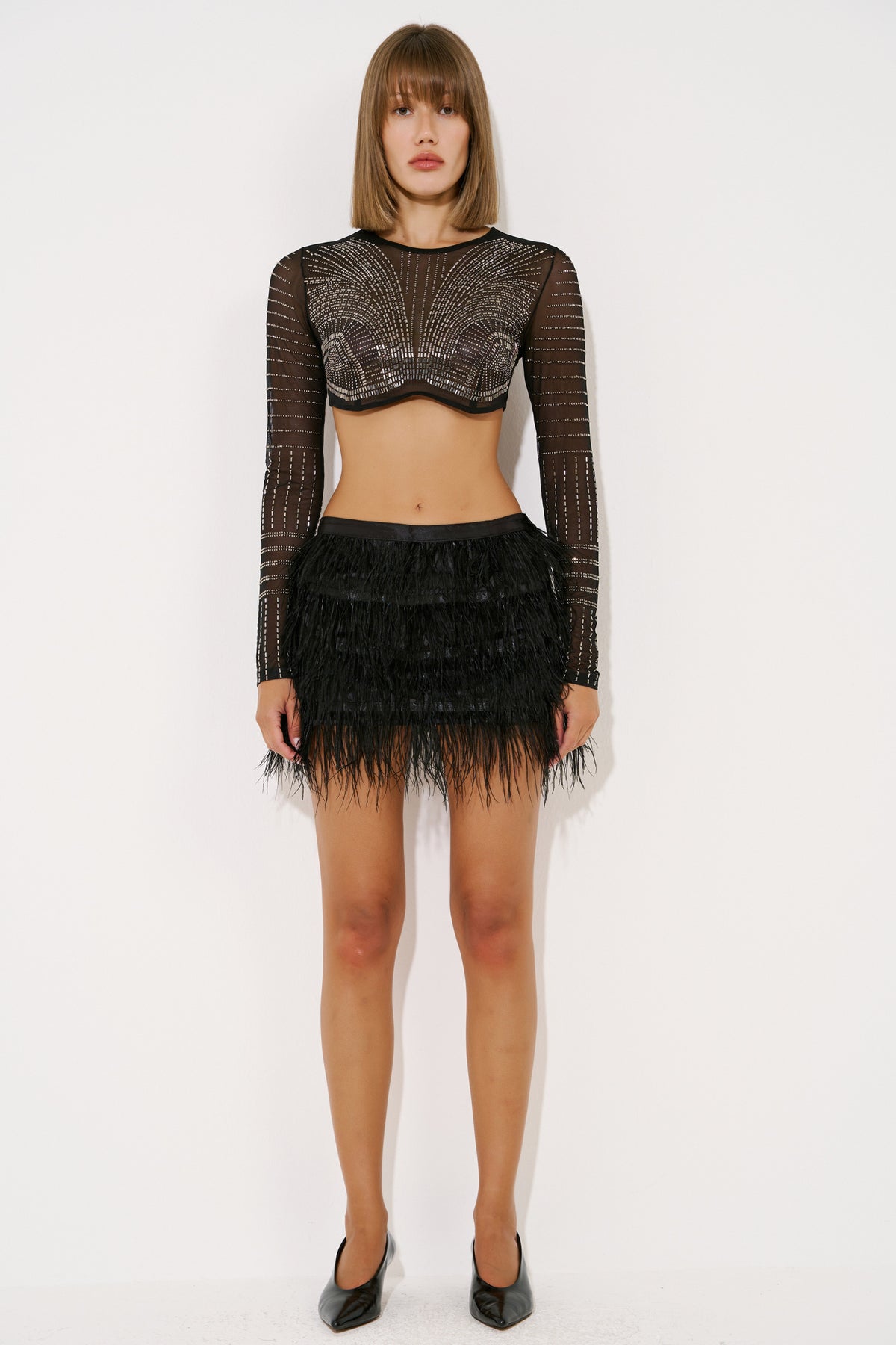 Sequin Feather-Trim Mini Skirt