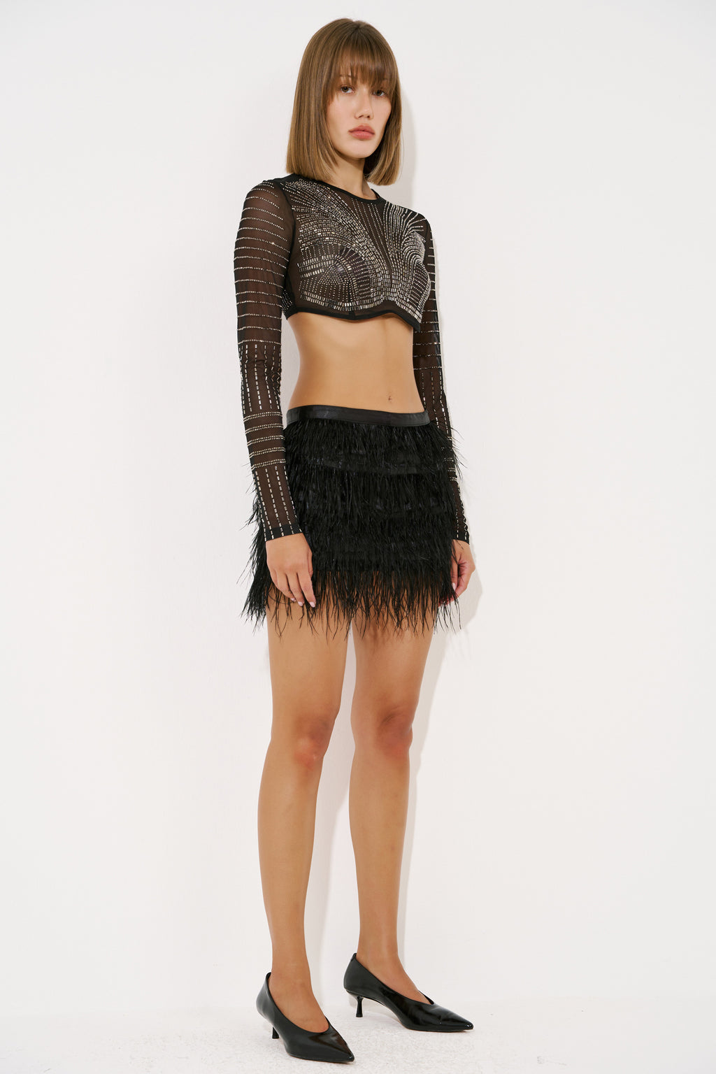 Sequin Feather-Trim Mini Skirt