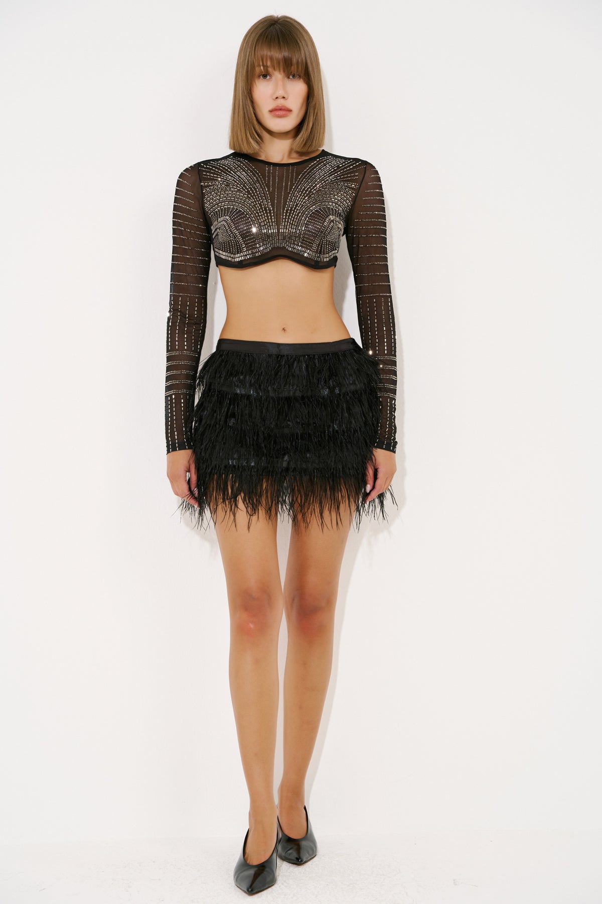 Sequin Feather-Trim Mini Skirt