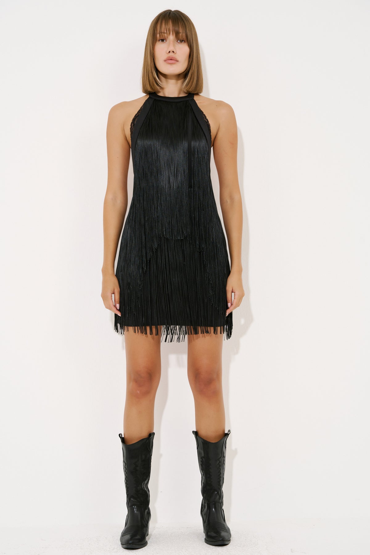 Backless Fringed Mini Dress with Hidden Zip