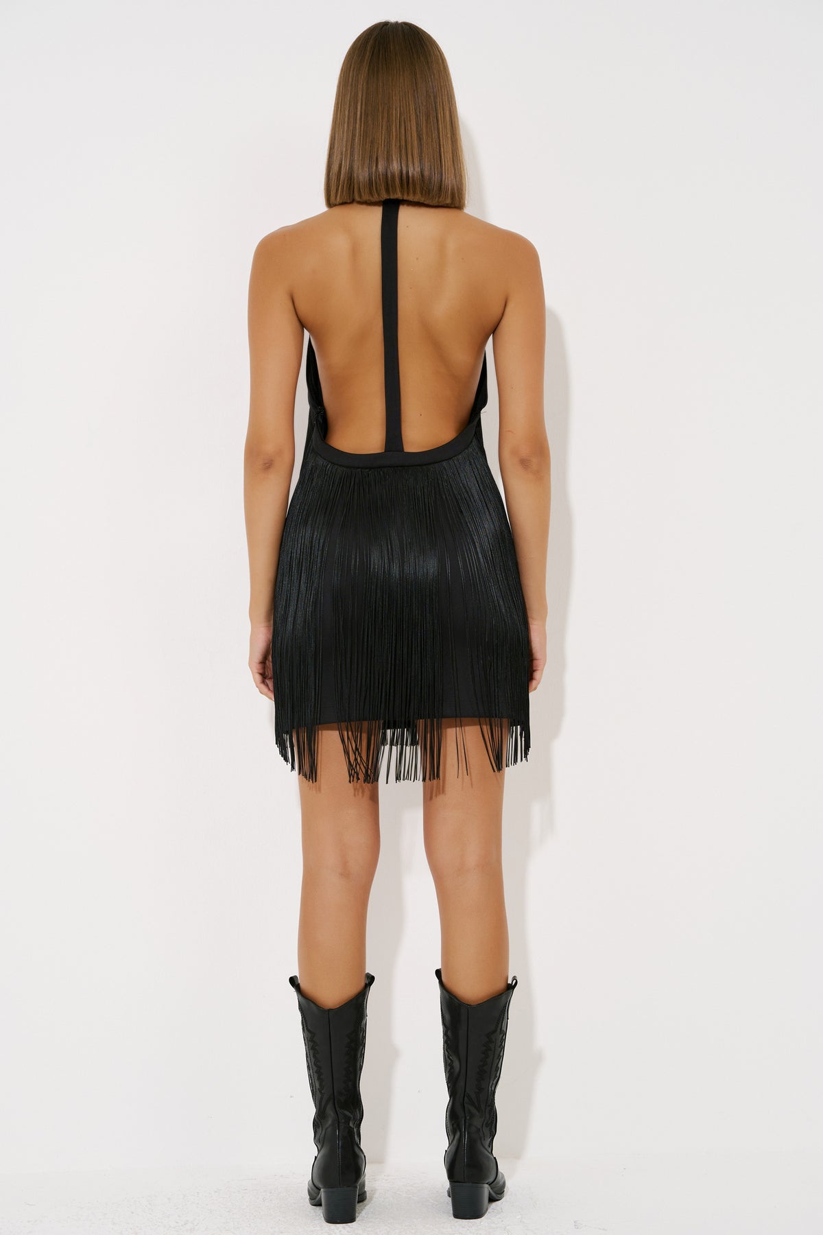 Backless Fringed Mini Dress with Hidden Zip