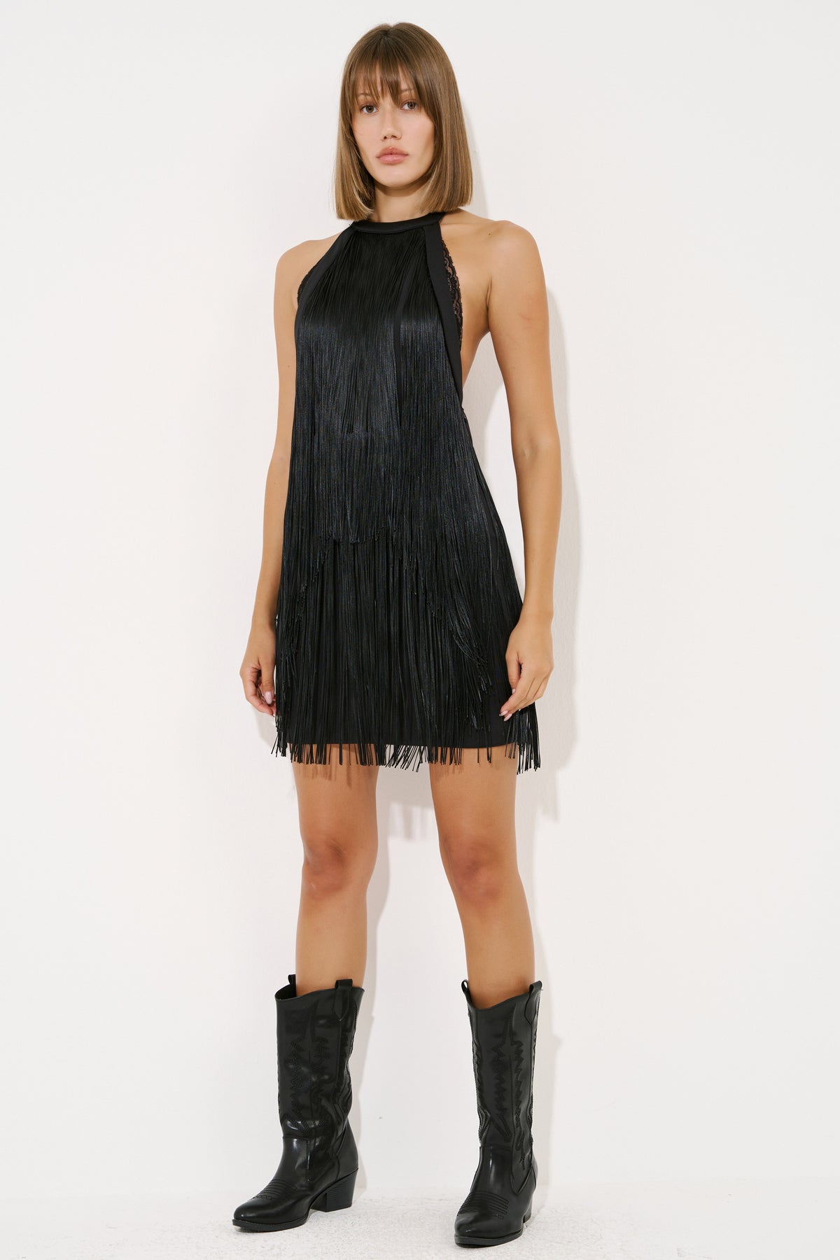 Backless Fringed Mini Dress with Hidden Zip