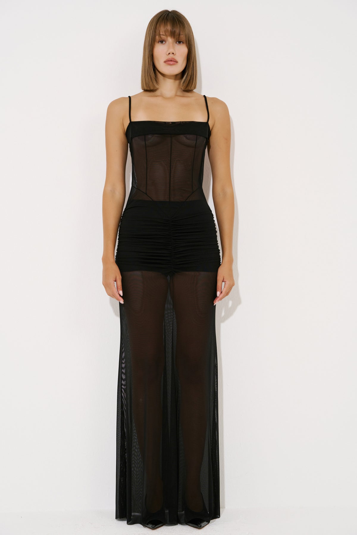 Corset-Top Maxi Dress with Sheer Tulle Skirt
