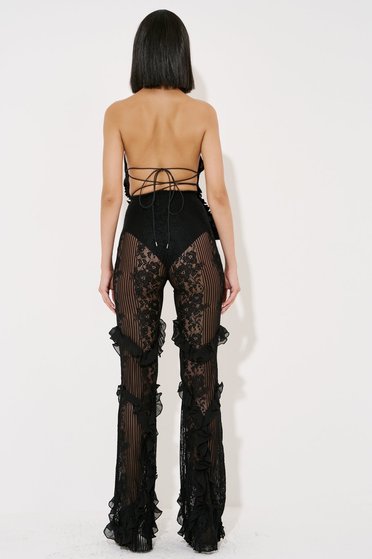Sheer Ruffle-Trim Pants