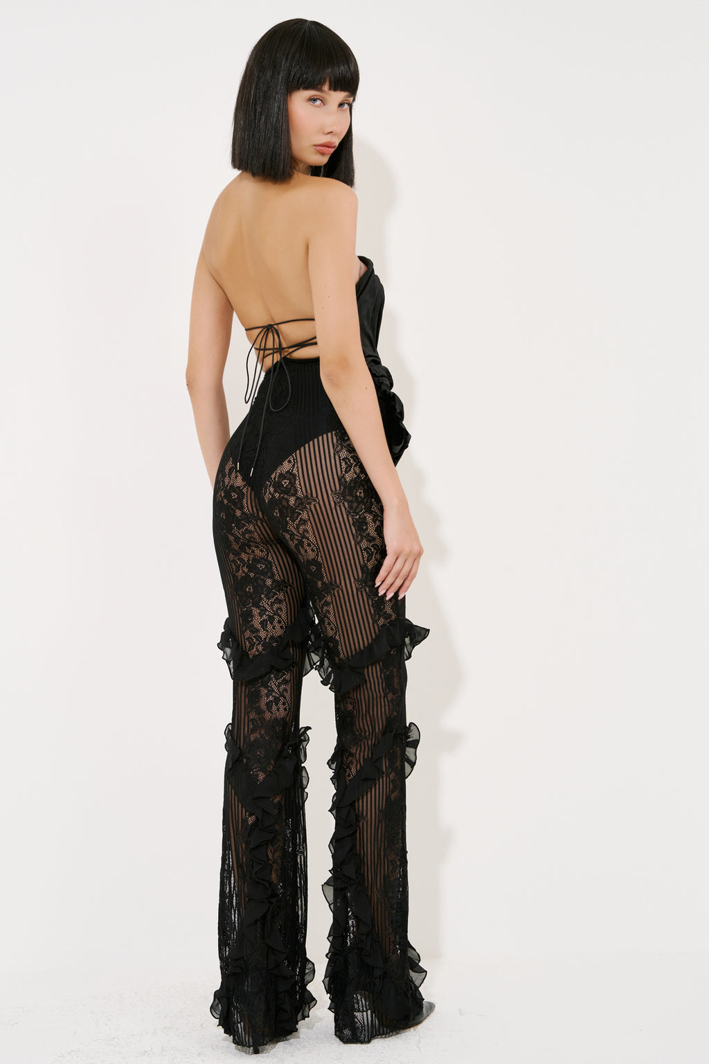 Sheer Ruffle-Trim Pants