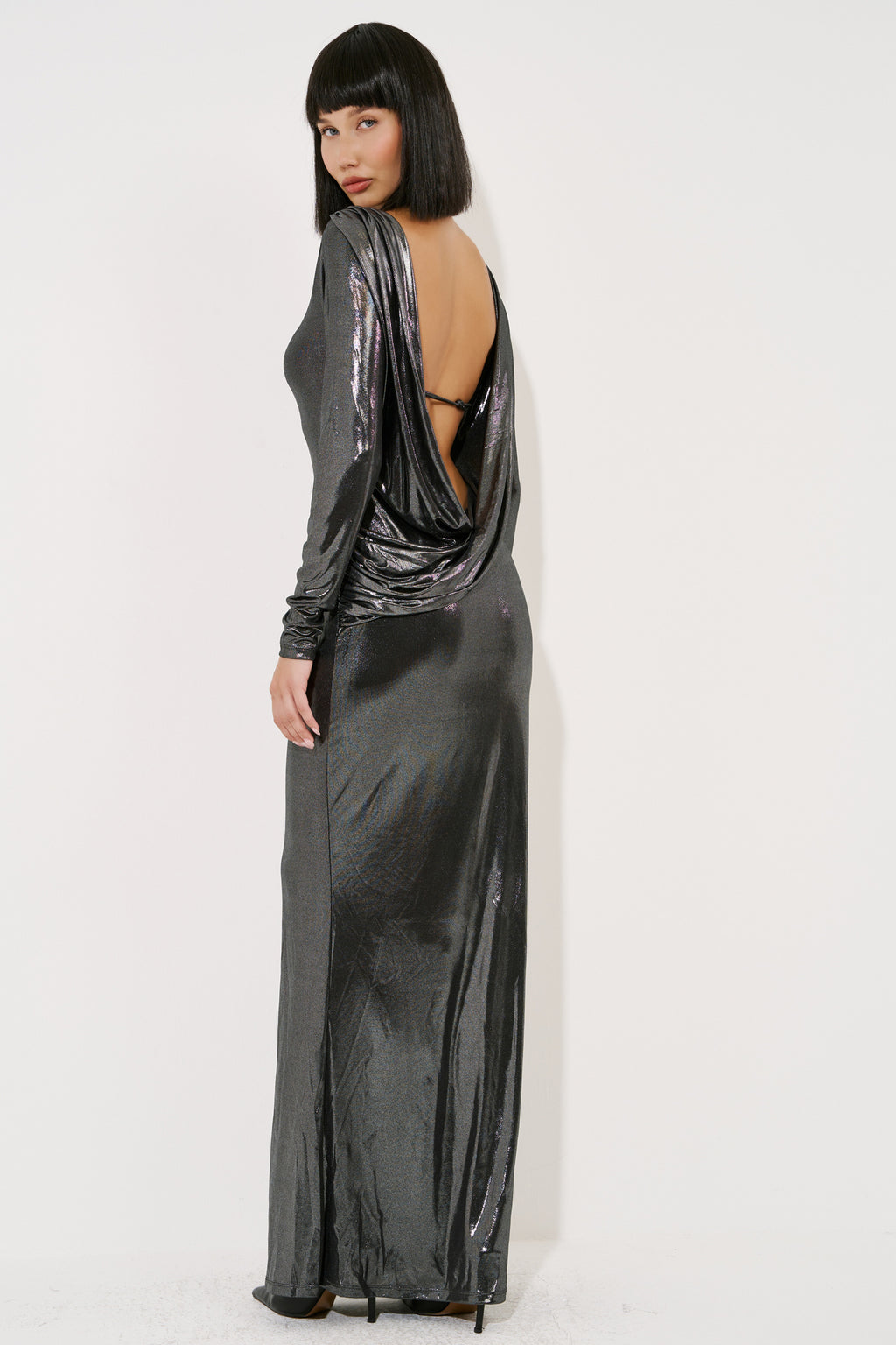 Shiny Backless Long-Sleeve Dress