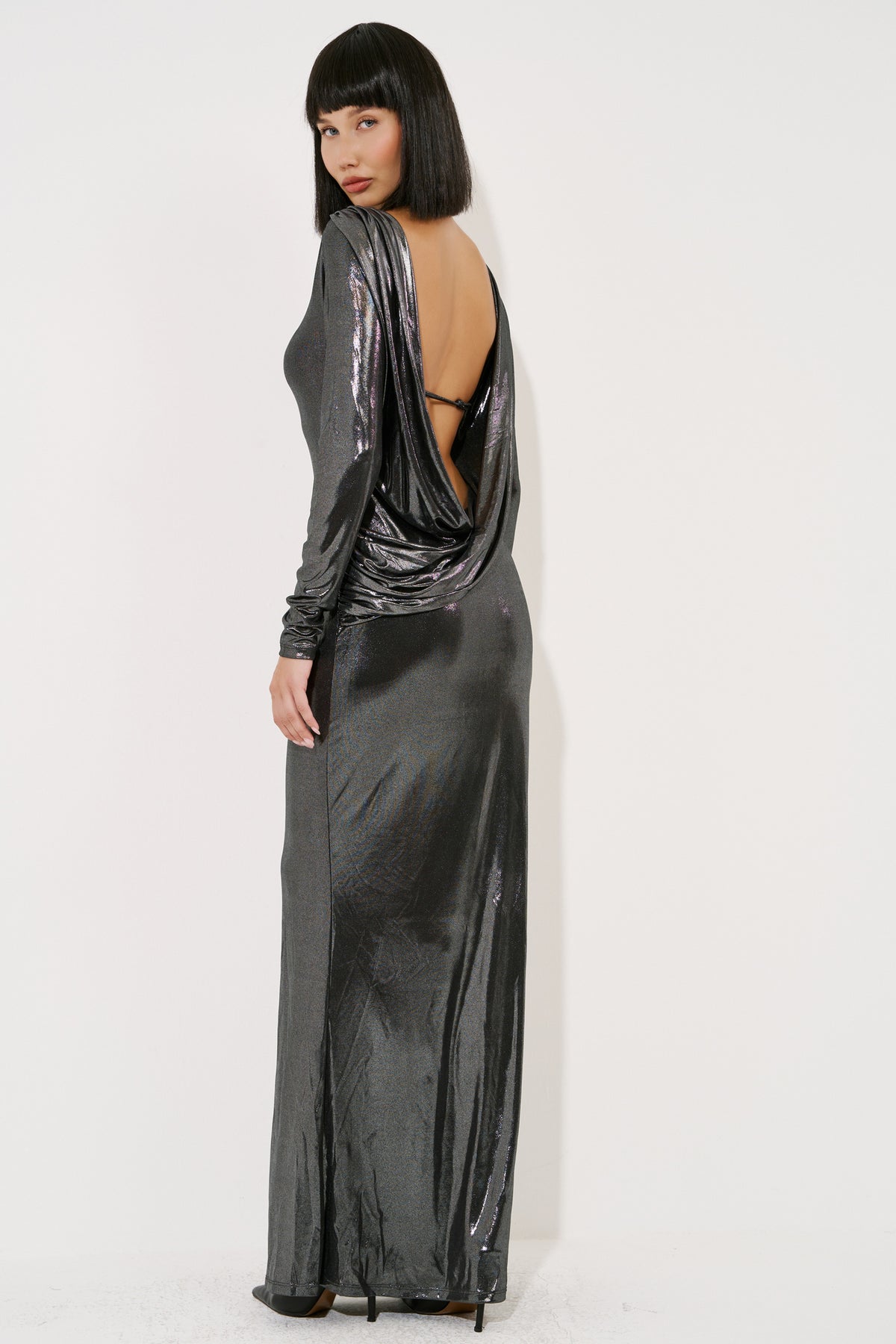 Shiny Backless Long-Sleeve Dress
