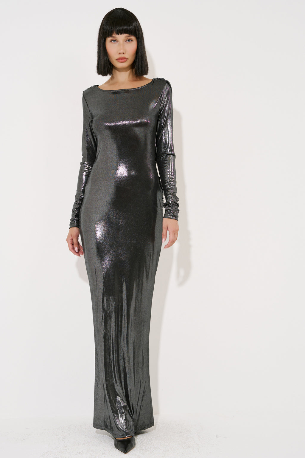 Shiny Backless Long-Sleeve Dress
