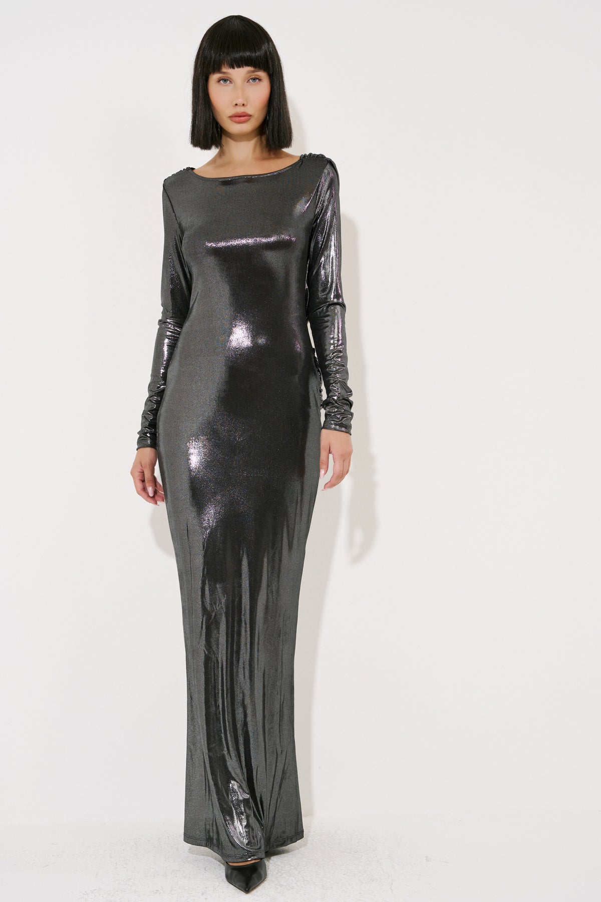 Shiny Backless Long-Sleeve Dress