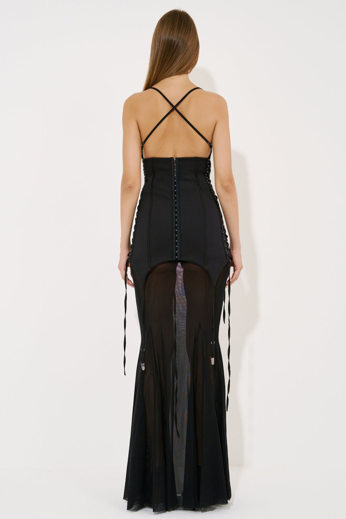 Corset-Accent Maxi Mesh Dress
