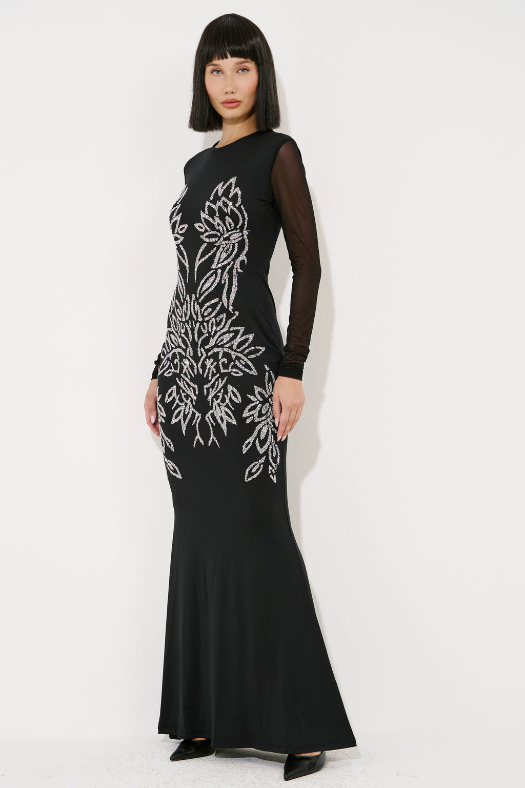 Long-Sleeve Contrast-Print Mesh Dress
