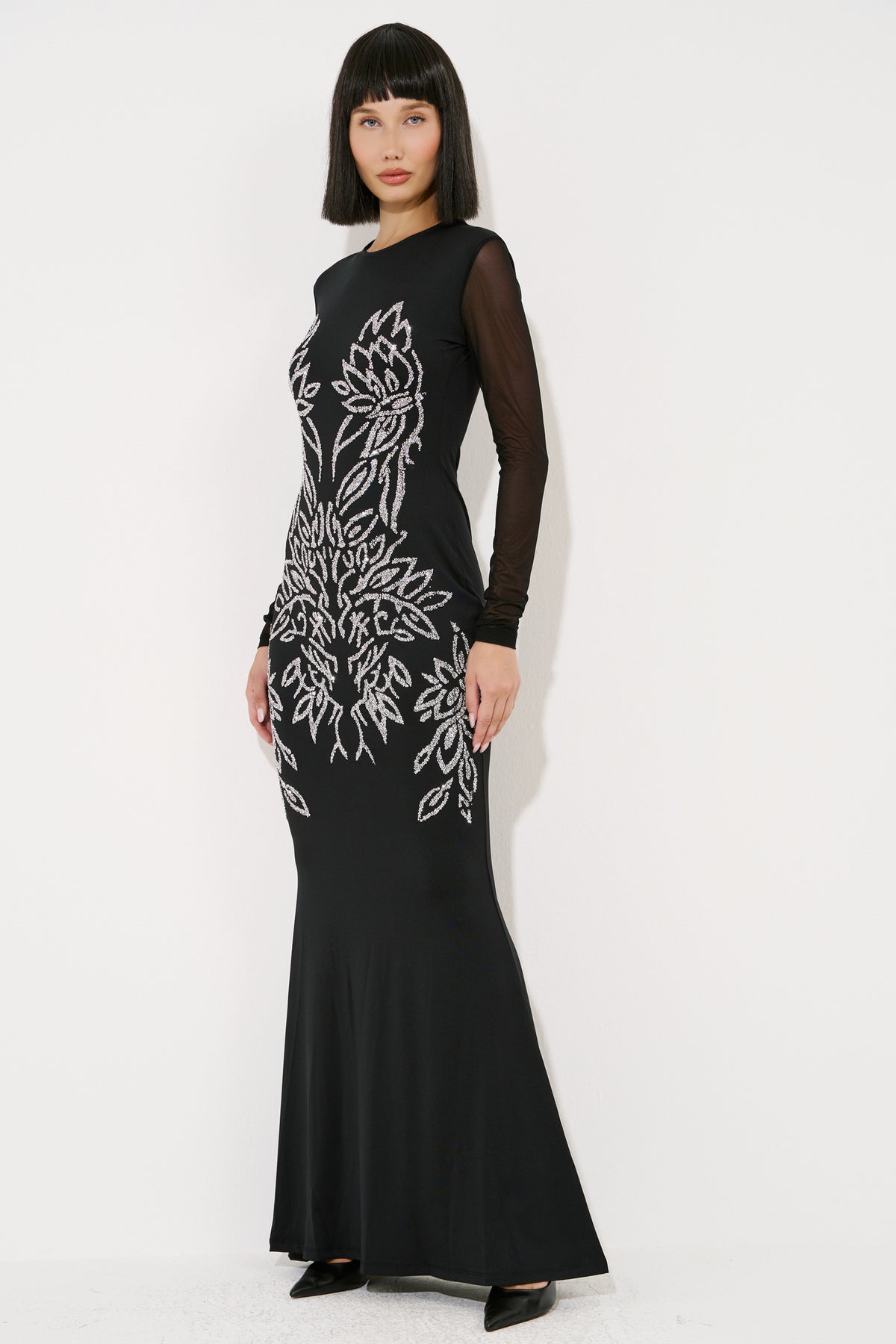 Long-Sleeve Contrast-Print Mesh Dress