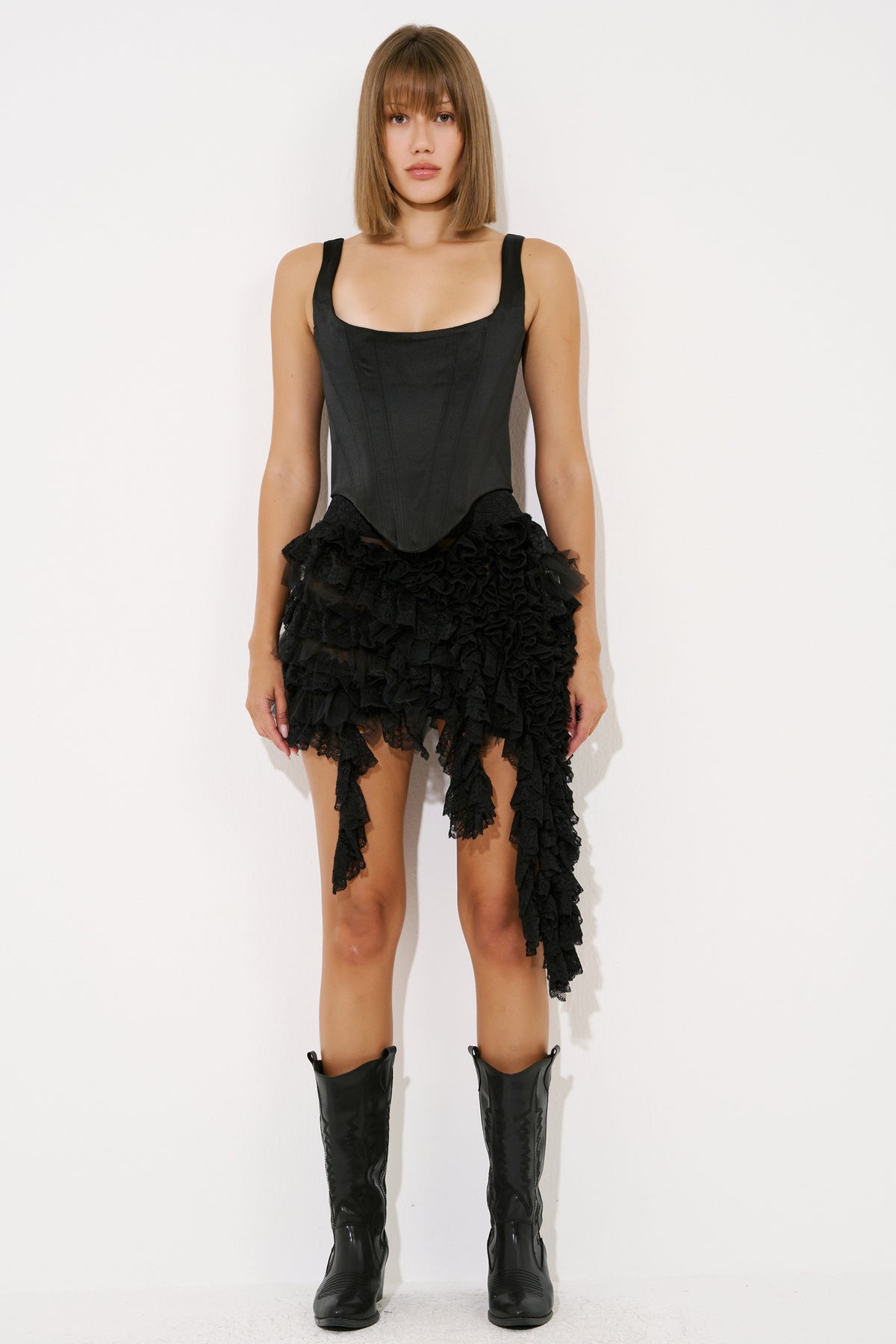 Ruffled Lace-Trim Mesh Skirt