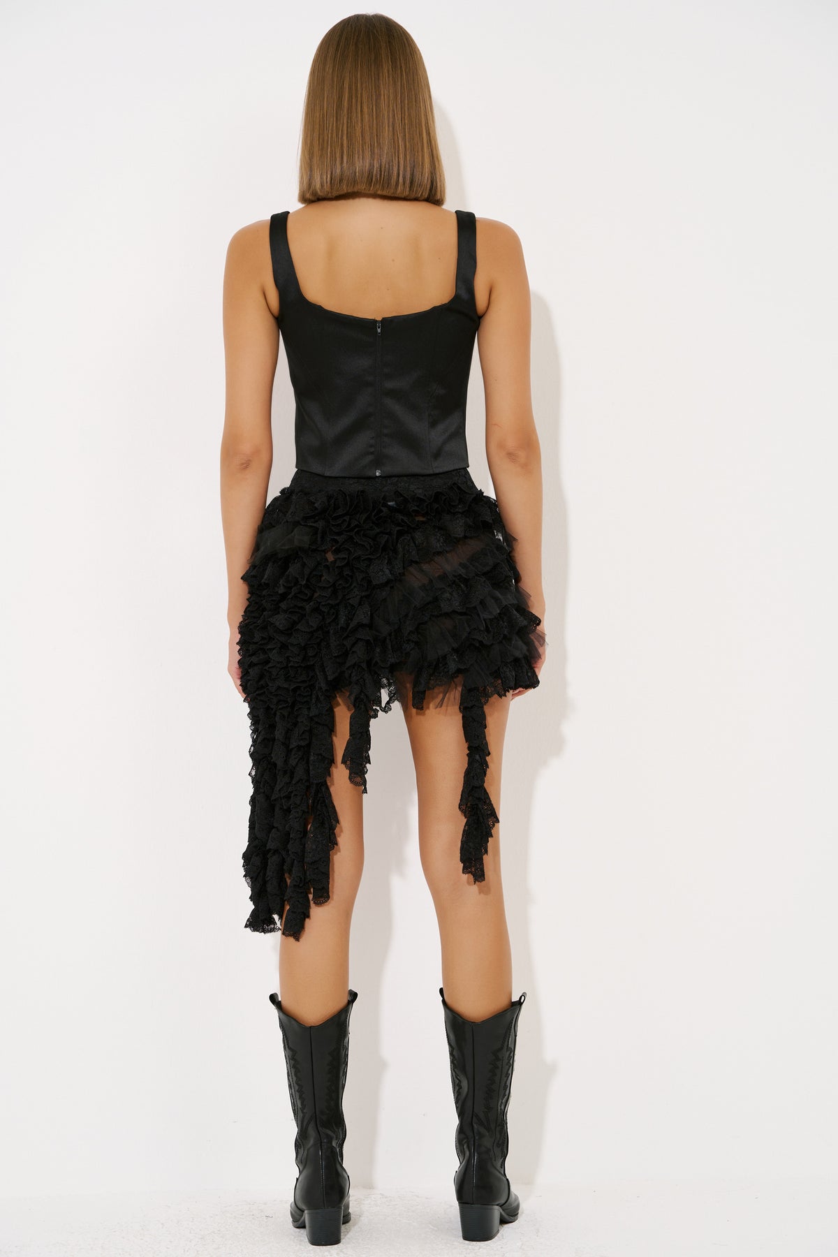 Ruffled Lace-Trim Mesh Skirt