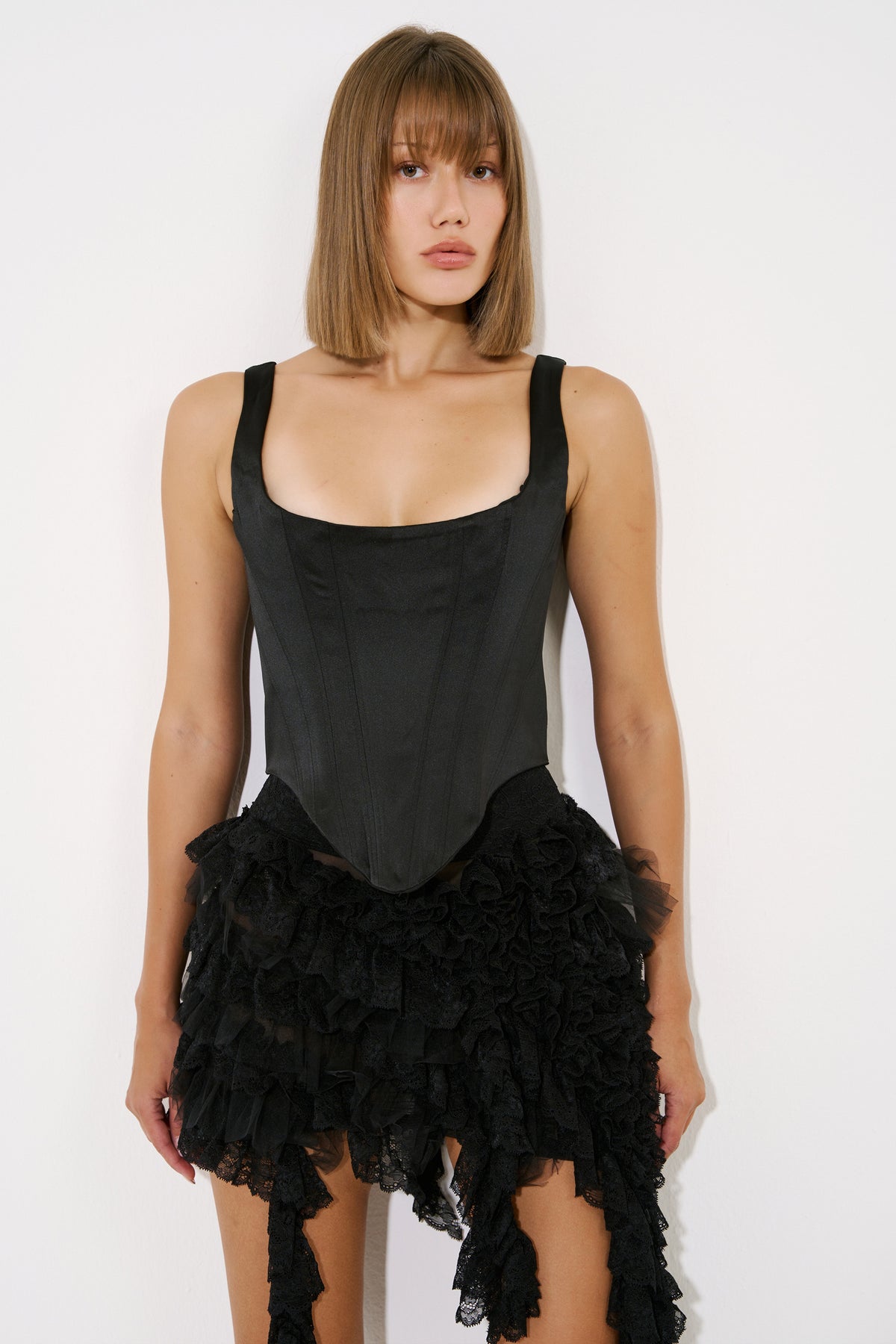 Ruffled Lace-Trim Mesh Skirt