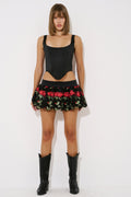 Rose-Embroidered Bubble Mini Skirt