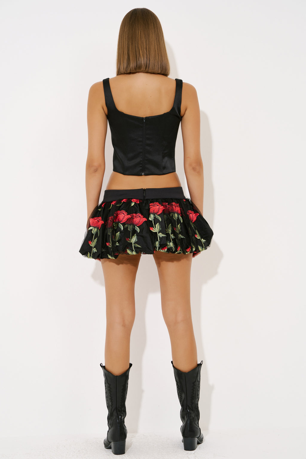 Rose-Embroidered Bubble Mini Skirt