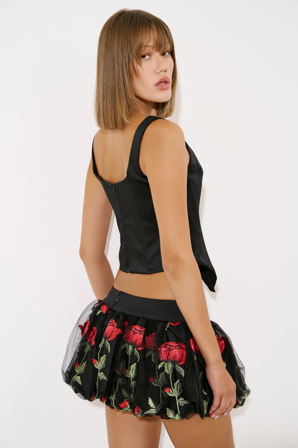 Rose-Embroidered Bubble Mini Skirt