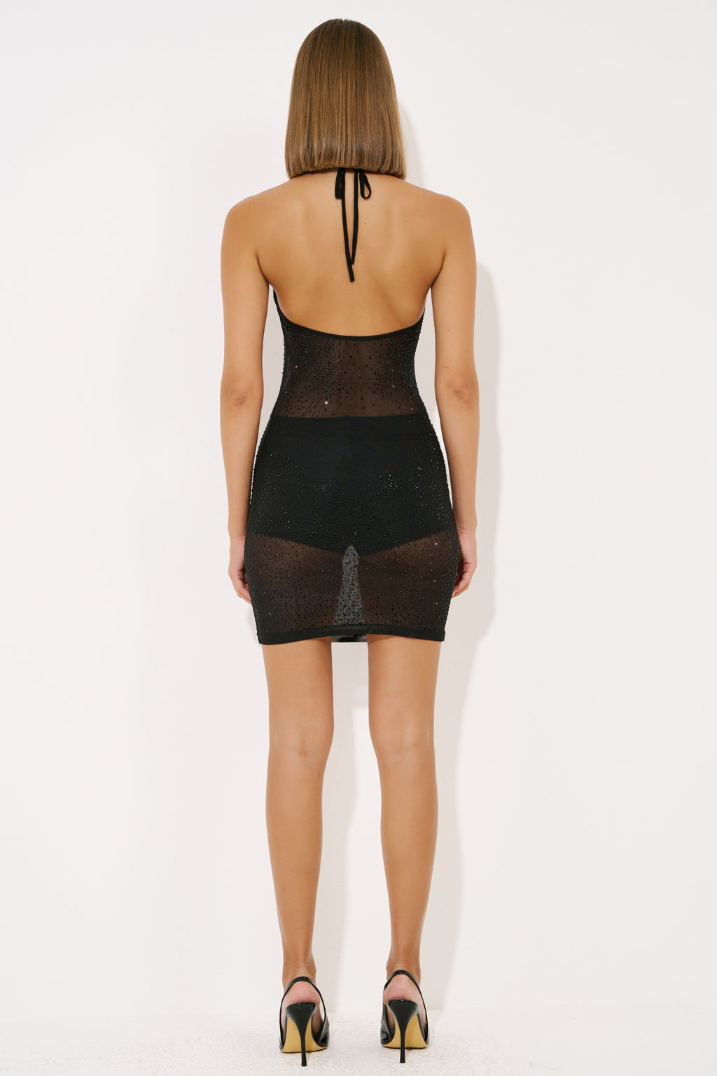 Sheer Embellished Halter Dress