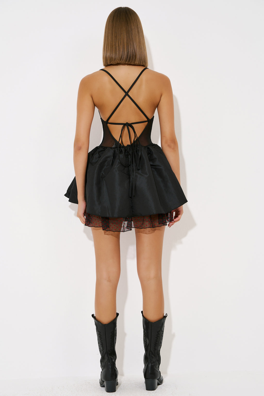 Cross-Back Polka Dot Mesh Dress