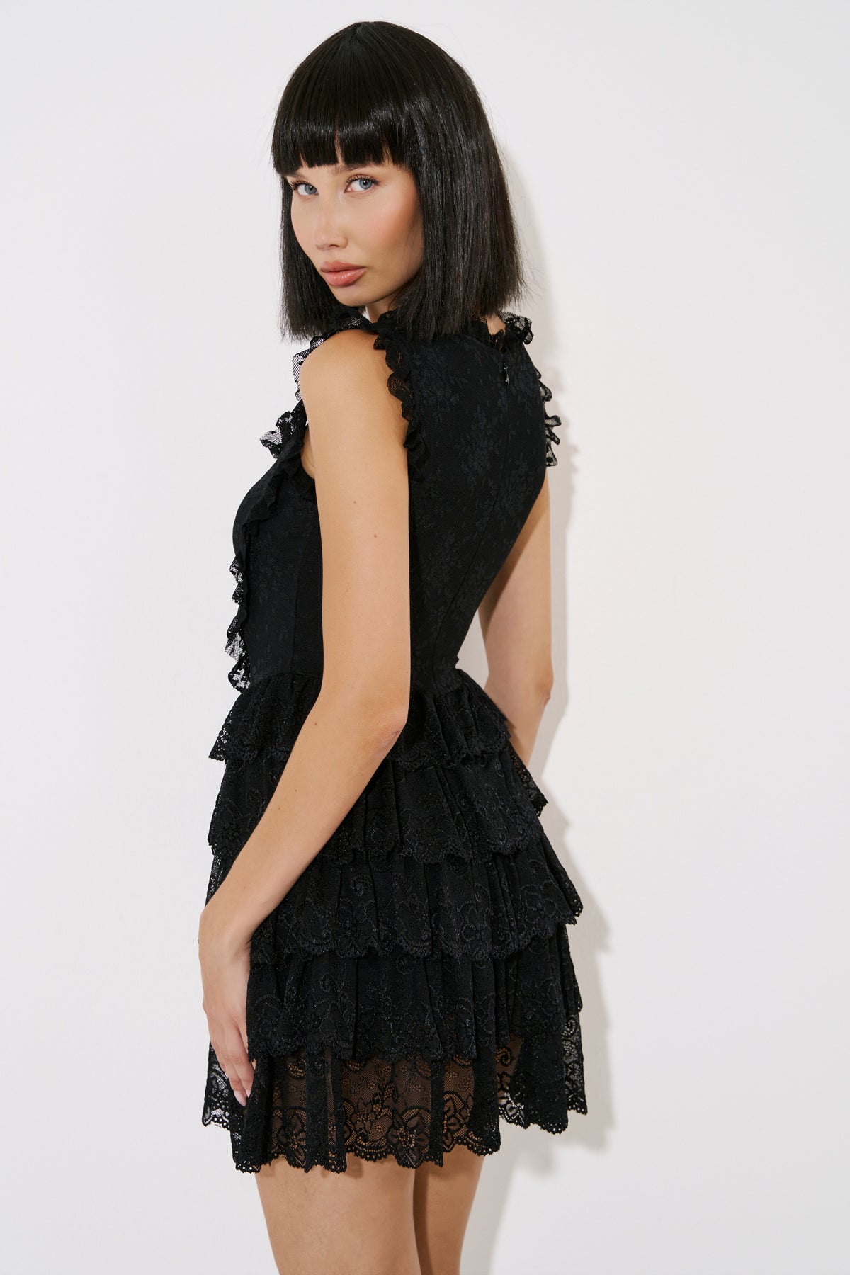 Sleeveless Ruffle-Trim Lace Mini Dress
