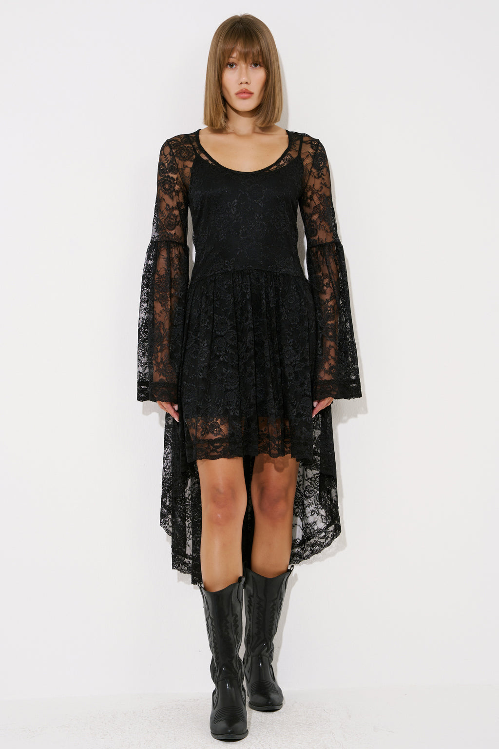 Asymmetric-Skirt Lace Dress with Detachable Lining