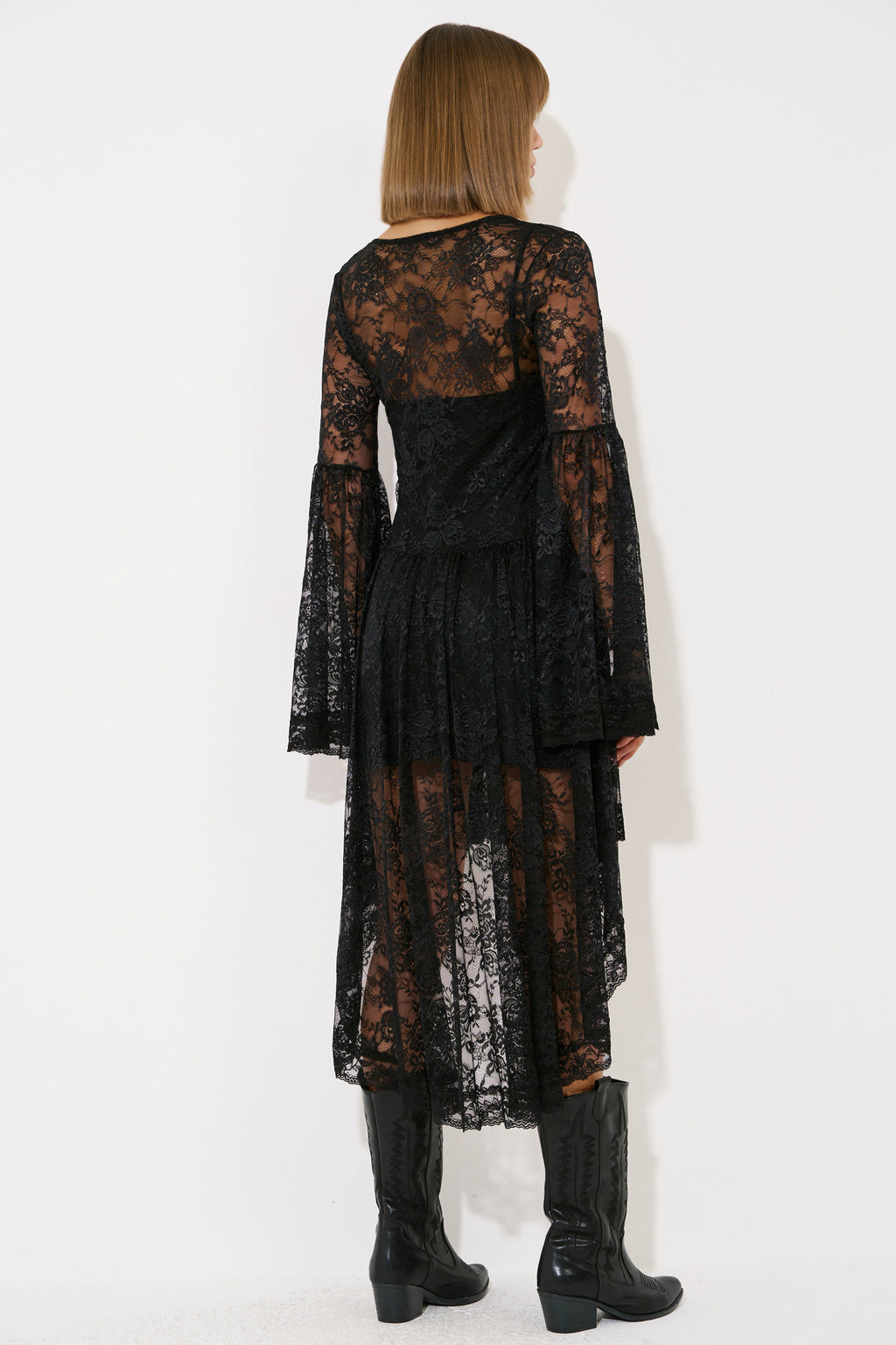 Asymmetric-Skirt Lace Dress with Detachable Lining