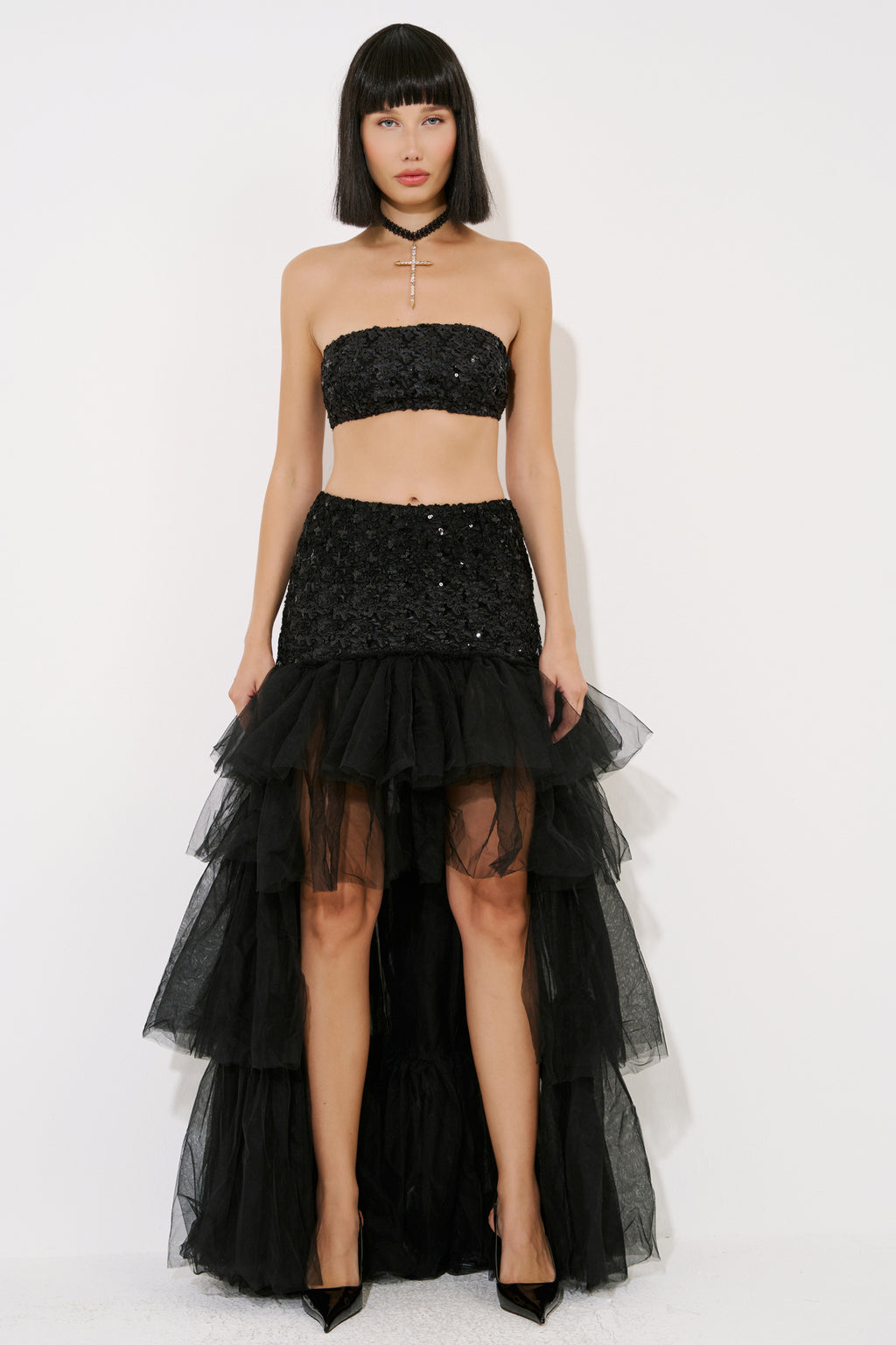Sequin Bandeau & High-Low Tiered-Ruffle Skirt Set
