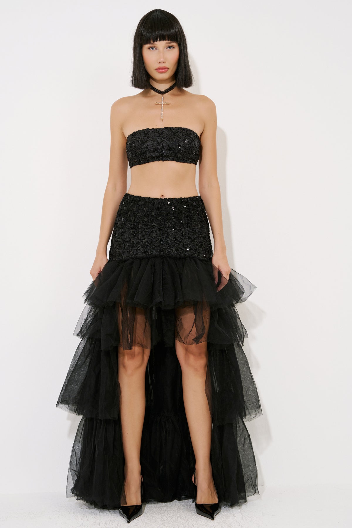 Sequin Bandeau & High-Low Tiered-Ruffle Skirt Set