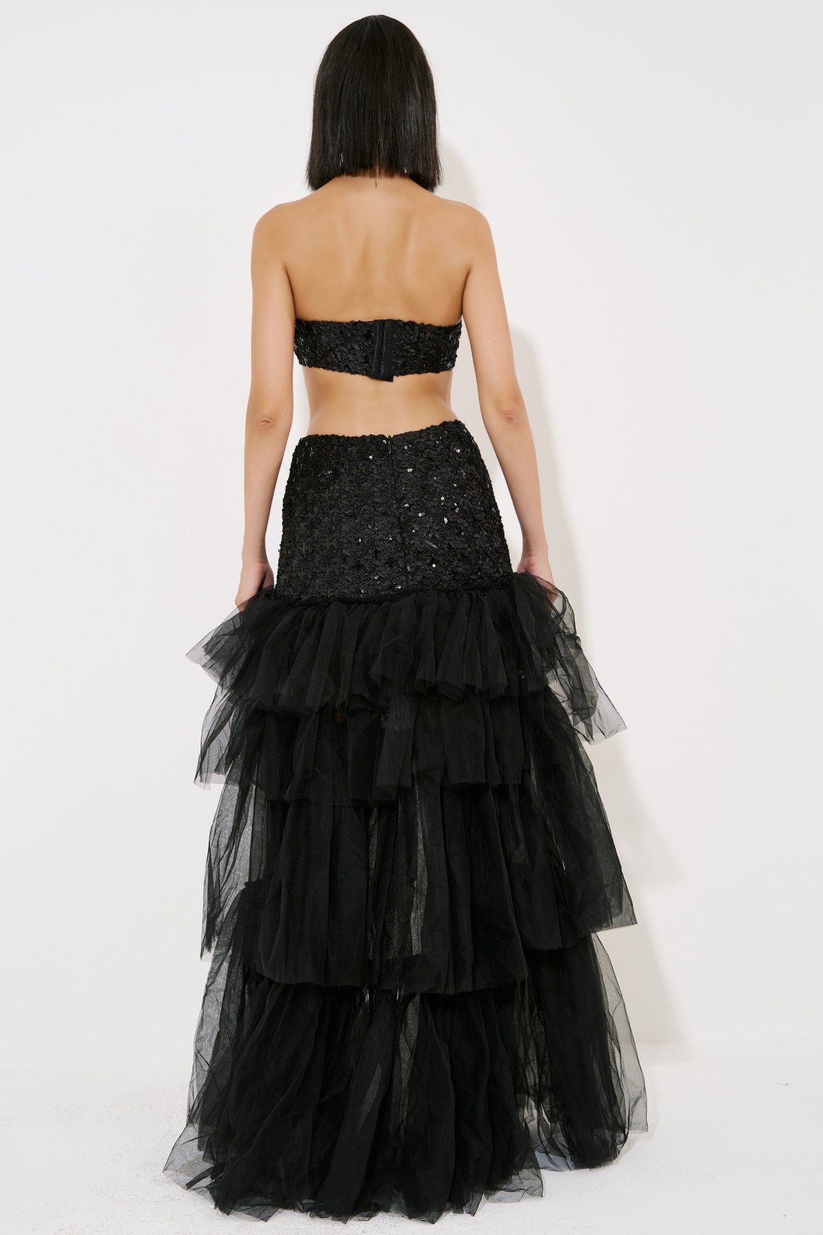 Sequin Bandeau & High-Low Tiered-Ruffle Skirt Set
