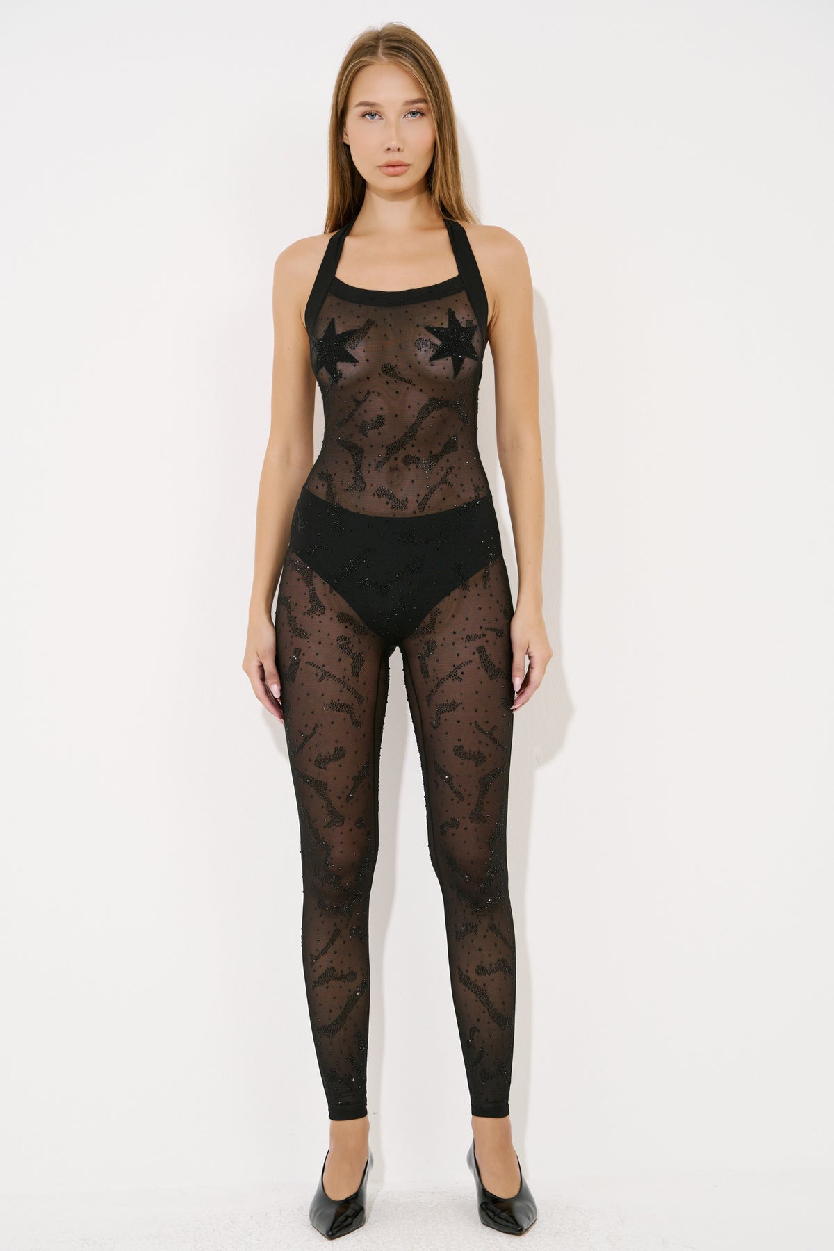 Sheer Embellished Halter Catsuit