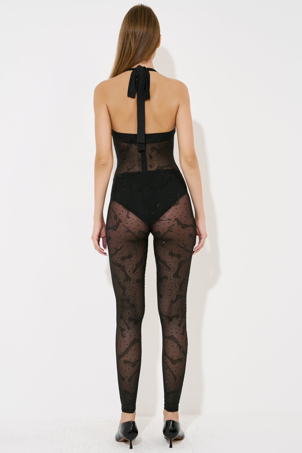 Sheer Embellished Halter Catsuit